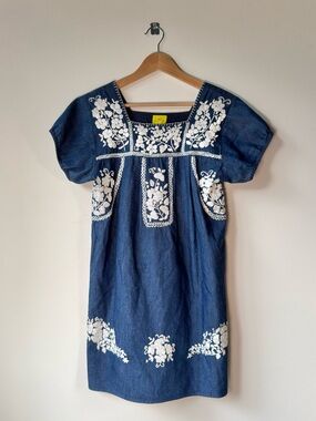 Roller Rabbit - Denim Navy Blue Midi Dress White Floral Embroidery 100% Cotton